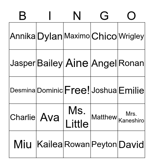 Room 1 Bingo Card