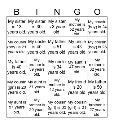 Les âges Bingo Card