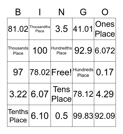 Decimal BINGO Card