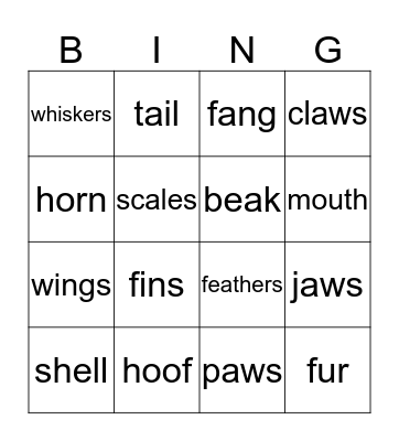 Monster English Bingo Card