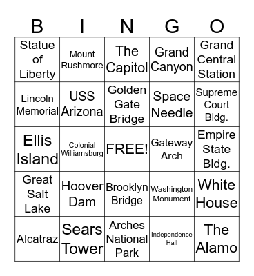 Landmarks Bingo Card