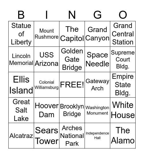 Landmarks Bingo Card