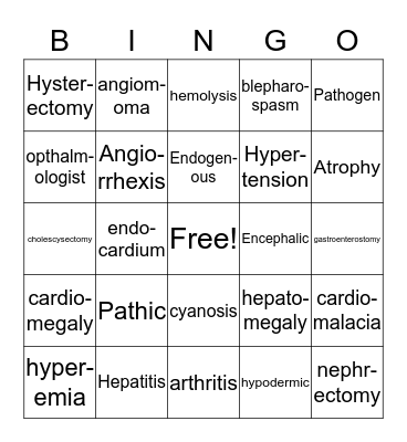 Medical Terminology Lesson 1-3 Bingo Card
