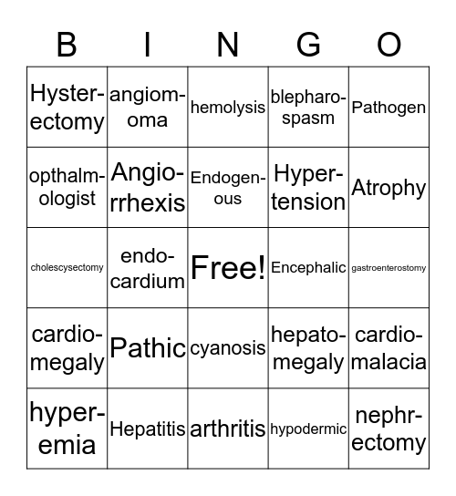 Medical Terminology Lesson 1-3 Bingo Card