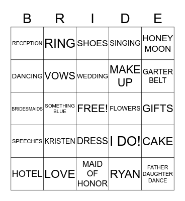 Kristen's Bridal Shower Bingo Card