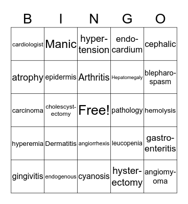 Medical Terminology Lesson 1-3 Bingo Card