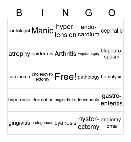 Medical Terminology Lesson 1-3 Bingo Card