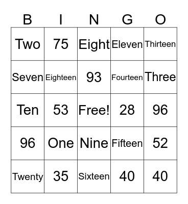 Number BINGO Card