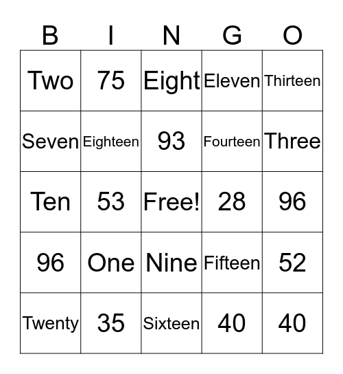 Number BINGO Card