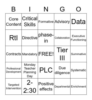 Intervention Block Bingo Card