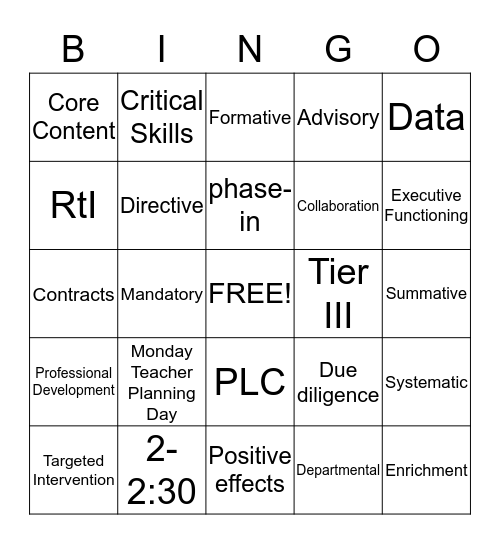 Intervention Block Bingo Card