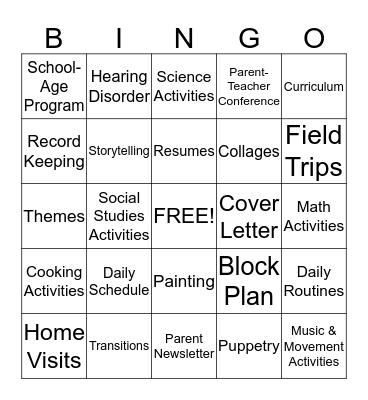 CHILD CARE PROGRAM Bingo Card