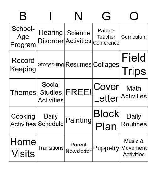 CHILD CARE PROGRAM Bingo Card