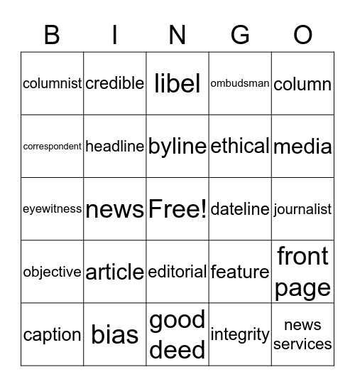 Media Vocabulary Bingo Card