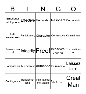 Leadership Styles and Theories Bingo Card