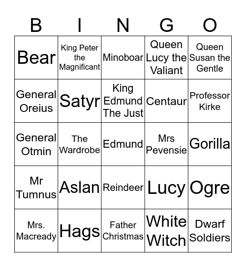 Narnia Bingo Card