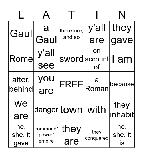 Latin Vocab 2 Bingo Card