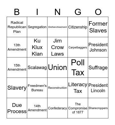 Reconstruction Bingo Card
