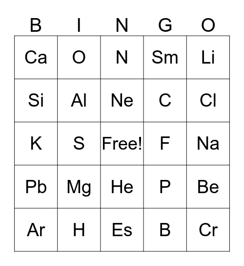Periodic Table Bingo Card