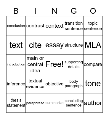 Nonfiction Lit terms Bingo Card
