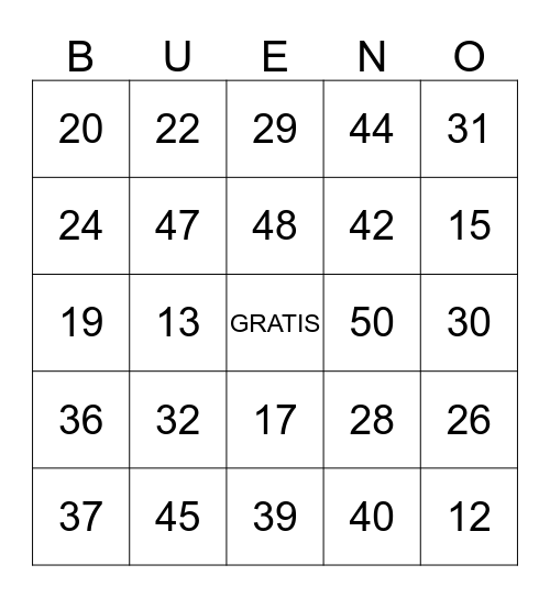 2nd numeros Bingo Card