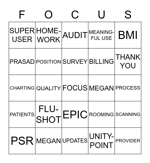 UnityPoint Clinic Bingo Card