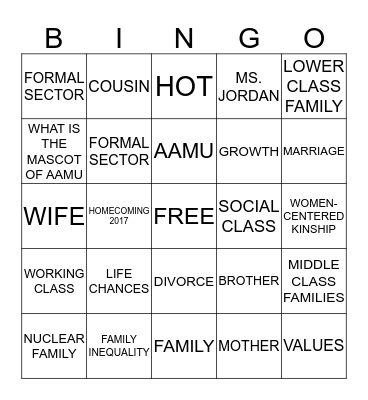 SOCIAL CLASS AND FAMILY INEQUALITY Bingo Card