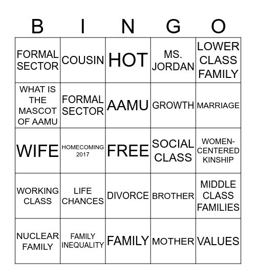 SOCIAL CLASS AND FAMILY INEQUALITY Bingo Card