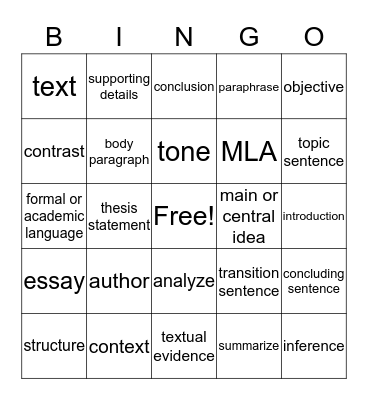 Nonfiction Lit terms Bingo Card