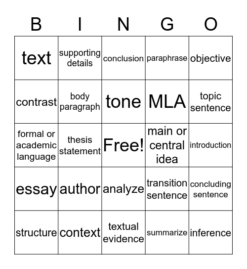 Nonfiction Lit terms Bingo Card