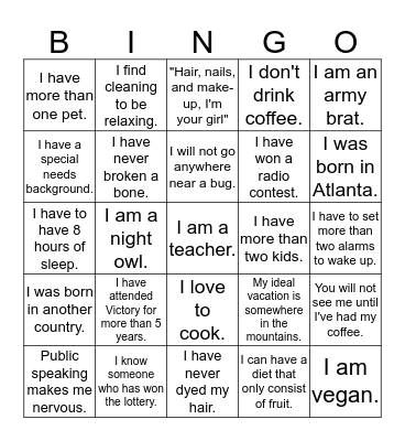 Get To Know You BINGO Card