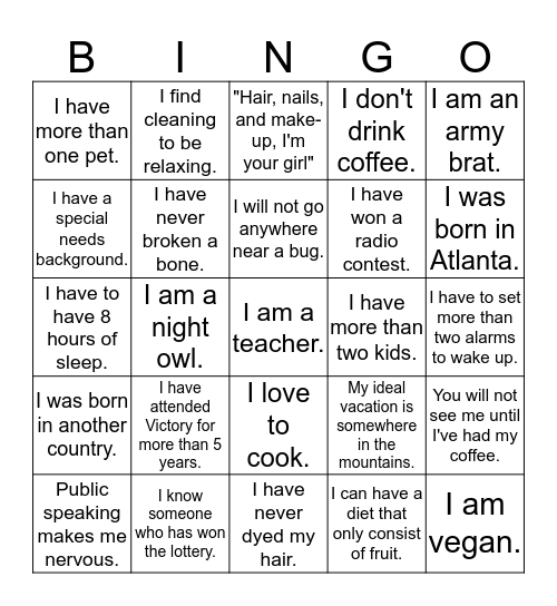 Get To Know You BINGO Card