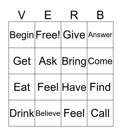 Verbs Bingo Card