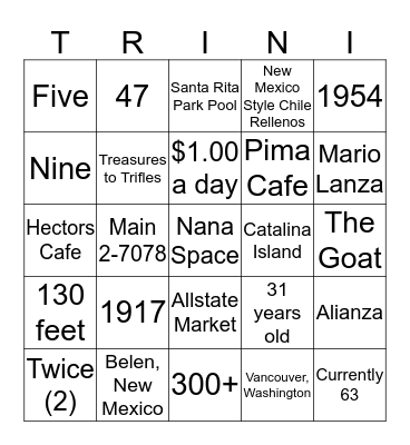 :)  Nana Trini 100th Birthday  :) Bingo Card