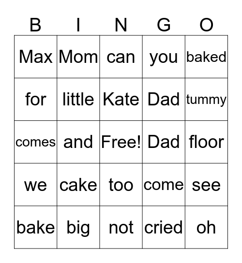 Kate and the BIG Cake Bingo Card