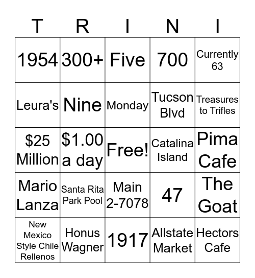 :)  Nana Trini 100th Birthday  :) Bingo Card