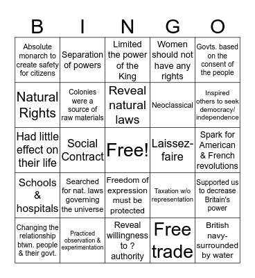 Enlightenment & Rev.  Test Bingo Card