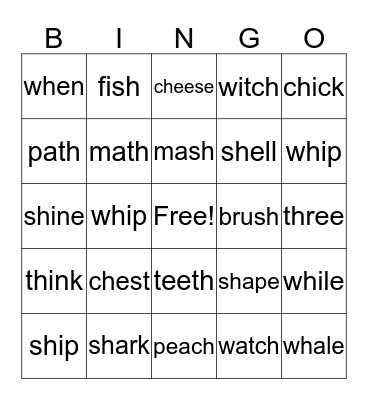 Digraph Bingo Card