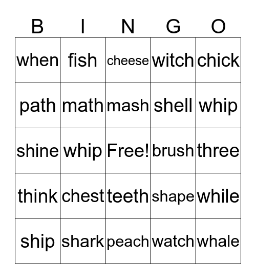 Digraph Bingo Card