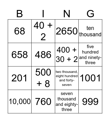 Place Value  Bingo Card