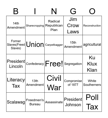 Reconstruction Review Bingo Card