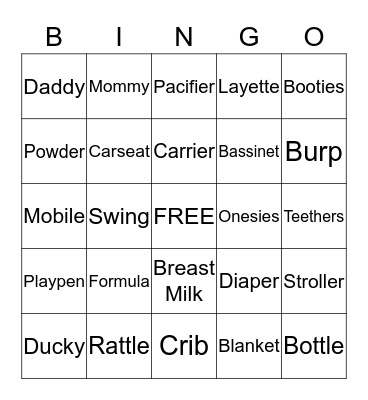 Sue's Baby Shower Bingo Card