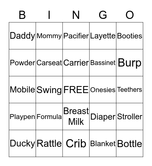 Sue's Baby Shower Bingo Card