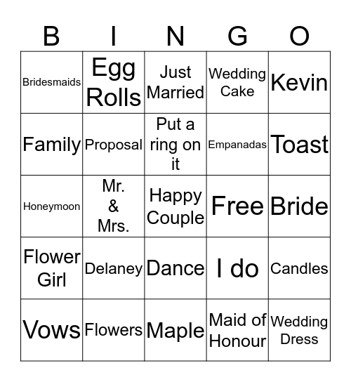 Bridal Bingo  Bingo Card