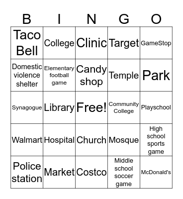 10pm-5am Driving Places Bingo Card