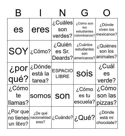 SER y PREGUNTAS Bingo Card