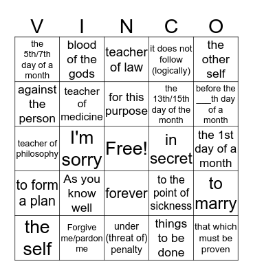 L3 Latina Vivens Vinco English Bingo Card