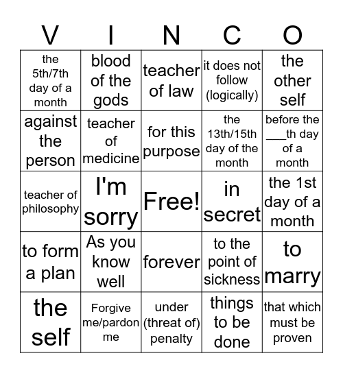 L3 Latina Vivens Vinco English Bingo Card