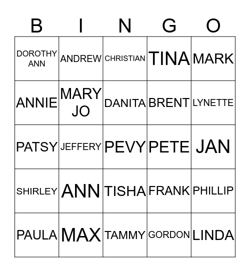 PEVY Family Bingo Card