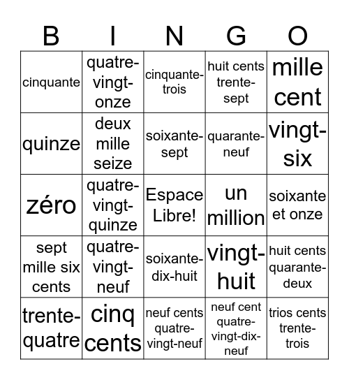 "Les Nombres"  Bingo Card